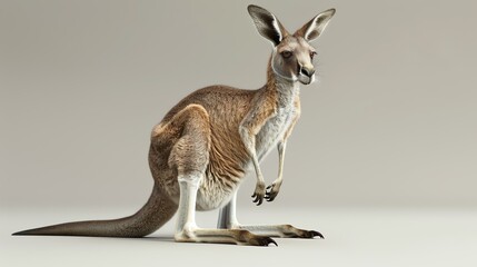 A kangaroo is standing on a white background. The kangaroo is looking at the camera. It has brown fur and a long tail. - Powered by Adobe
