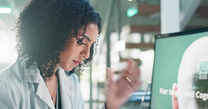 Science, confused and woman in laboratory on computer for cognitive development, brain study or medical result. Healthcare, biotechnology and person thinking for problem solving, solution or research