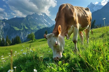 Green alpine meadow with grazing cow in summer - obrazy, fototapety, plakaty