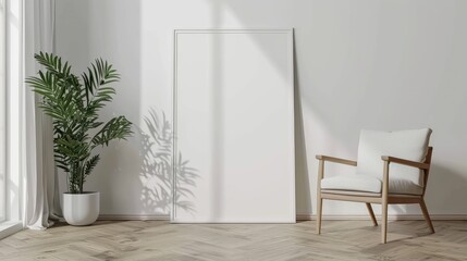 Mockup frame, single vertical ISO A paper size, reflective glass, mockup poster on the wall. Interior mockup. 3D rendering