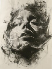 Captivating Charcoal Portrait Emerging from Ethereal Smoke on Gritty Graffiti Wall