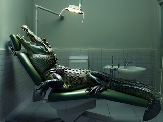 Relaxed Crocodile Reclining Comfortably in Dental Chair,Feeling at Ease in Modern Healthcare Setting - obrazy, fototapety, plakaty
