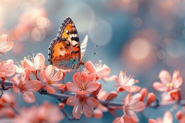 Beautiful spring nature background with butterfly, lovely blossom