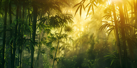 Botanical Green Bamboo and Palm Trees in Tropical Forest