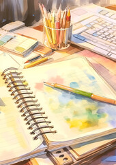 A sketchbook with a pencil and a cup of coffee on a table. The sketchbook is open to a page with a drawing of a building