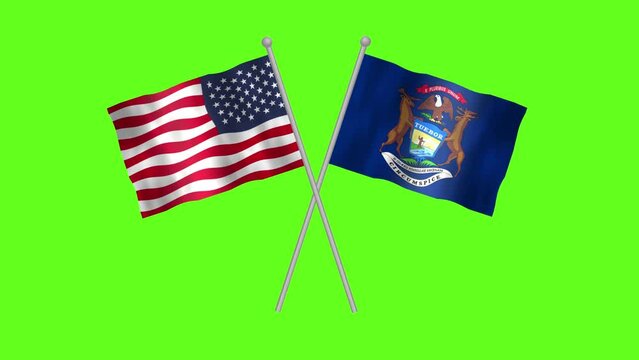 Flag of Michigan And USA, Cross table flag of Michigan and USA on Green screen chroma key, USA States Michigan 3D Animation flag waving in the wind isolated on Green Background.
