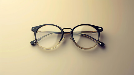 Black and gold metal eyeglasses isolated on a beige background.