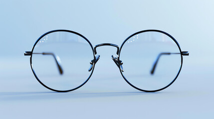 Black metal eyeglasses with round lenses on a blue background. The glasses are simple and elegant, with a thin metal frame and clear lenses.