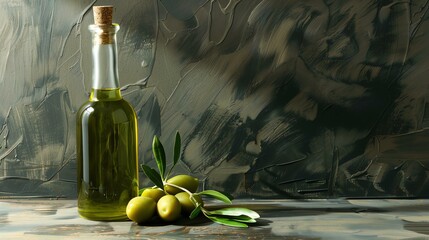 A close-up image of a bottle of olive oil and olives on a rustic wooden table.