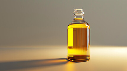 3D rendering of a clear glass bottle filled with amber liquid on a beige background.