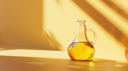 A beautiful 3D render of a clear glass jug of olive oil sitting on a solid yellow background. The jug is half-full of a golden liquid.