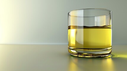 A simple and elegant glass sits on a table. The glass is half-full of a clear liquid. The table is made of a light-colored wood.
