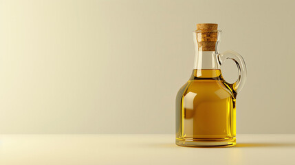 A beautiful close-up image of a glass bottle of olive oil. The bottle is sitting on a solid surface. The image is well-lit and the colors are vibrant.