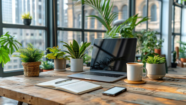 Modern workspace with a sleek laptop surrounded by lush green plants on a wooden desk against urban city view, indicating productivity or work related activities.