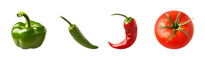 Fotobehang Set of red tomatoes, green peppers and hot chili pepper isolated on a white background © TALHA MAJEED