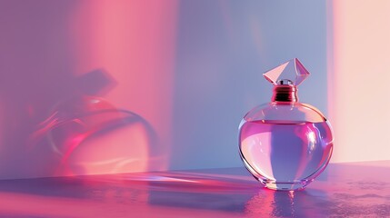 A beautiful perfume bottle sits on a mirrored surface, casting a shadow on the pink background.