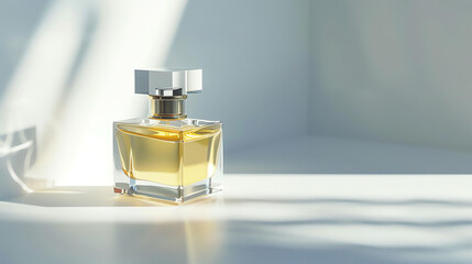 A simple and elegant product image of a perfume bottle. The bottle is made of transparent glass and has a silver cap.