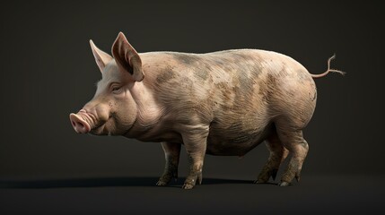 A dirty pink pig stands in a dark room. The pig is looking to the left of the frame. The pig's fur is short and dirty.