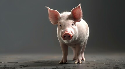 Cute and adorable domestic piglet standing on the wet floor and looking at the camera with a curious expression on its face.