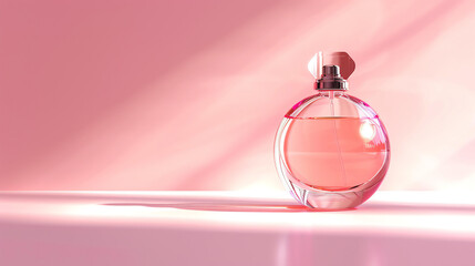 3D rendering illustration of a round transparent perfume bottle with a pink liquid on a pink background.