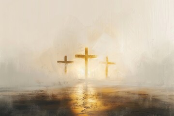 Three crosses on hill surrounded by golden light symbol Jesus Christ, catholic holy lord crucified. - obrazy, fototapety, plakaty