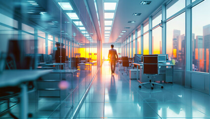 Professional walking in a modern office with glass reflections of the sunset cityscape. Workspace with desks and computers against urban skyline at dusk.