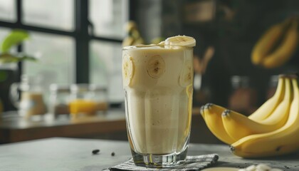 Healthy concept Protein in a glass with a banana smoothie