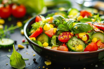 Healthy green salad with corn and cucumbers