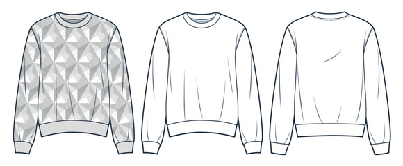  Sweatshirt technical fashion illustration, geometric design. Sweater fashion flat technical drawing template, relaxed fit, front and back view, white, gray, women, men, unisex Top CAD mockup set. © Liubov Hladka