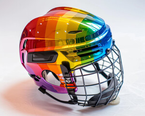 HBTQ Rainbow colored ice hockey helmet close-up on isolated white background