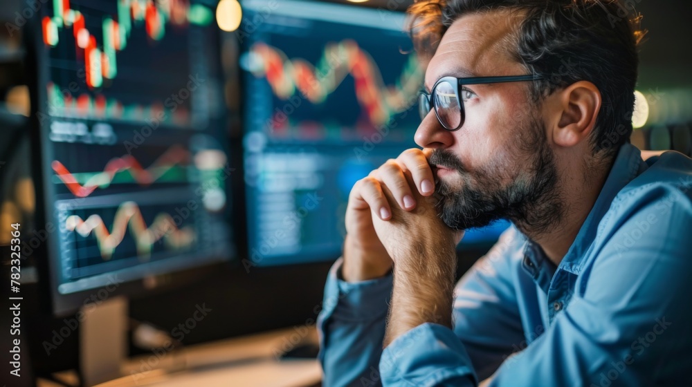Poster man working at computer monitor
