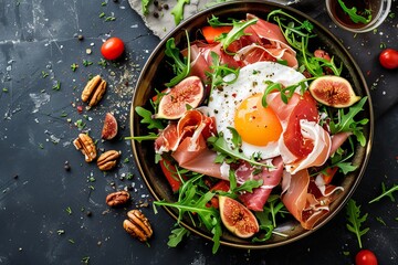 Healthy salad with prosciutto figs arugula goat cheese and pecans on a black background with copy space With a poached egg and balsamic sauce - obrazy, fototapety, plakaty