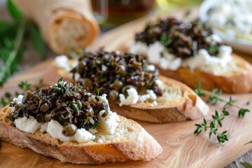 Herbed Olive Tapenade Goat Cheese Bruschetta Appetizer with tapenade goat cheese on ciabatta toast
