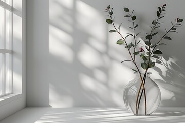 Foliage plant in clear glass painting set against a minimalist white and grey background