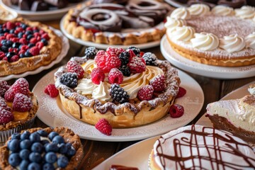 An array of freshly baked American desserts, featuring tarts with whipped cream and berries, chocolate-drizzled donuts, and various cream-topped pastries on a wooden table.