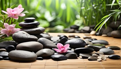 "Zen Beauty: Spa Wellness with Orchid Flowers and Balancing Stones."