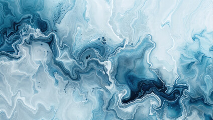 Abstract blue and white swirls mesmerizing marbleized effect. Fluid texture and waves serene and calming visual. Cool palette tranquil mood design. - obrazy, fototapety, plakaty