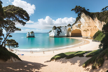 Panoramic picture of Cathedral Cove beach in summer without people during daytime design.