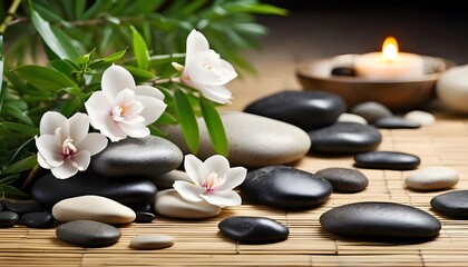 "Zen Beauty: Spa Wellness with Orchid Flowers and Balancing Stones."