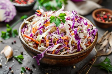 Homemade coleslaw with white cabbage carrots and mayo dressing - obrazy, fototapety, plakaty
