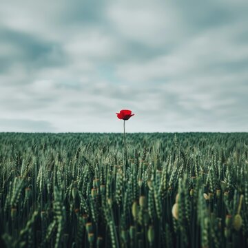 A photo of a green field with a single red poppy standing out, symbolizing remembrance and peace.