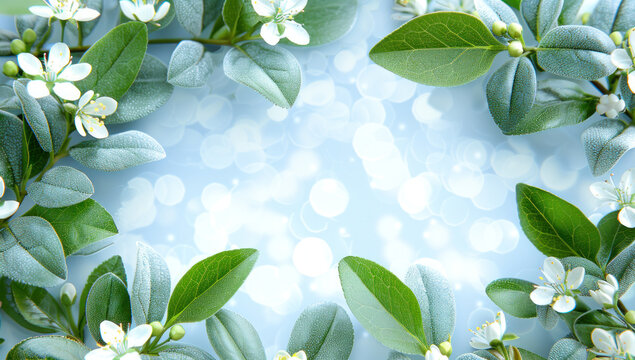 Close up of white flowers and green leaves against a soft bokeh background, capturing the essence of springtime freshness.
