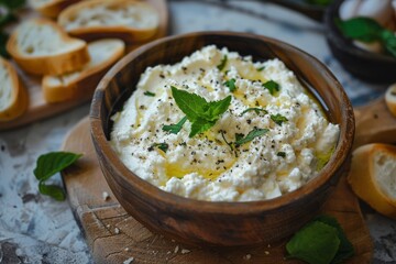 Homemade ricotta on bread with mint decoration Selective focus