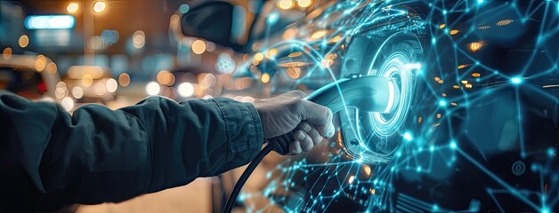 Fototapeta premium an Asian man's hand charging an electric car using a power charge gun in his home garage, illustrating the concept of eco-friendly transportation.