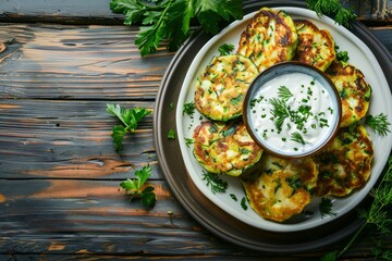Homemade zucchini pancakes with herbs and yogurt on white plate Rustic style Top view