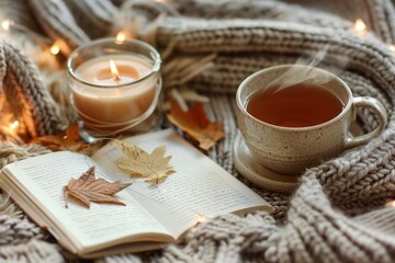 Hygge concept depicted in cozy autumn winter morning at home features tea candle sketch book with herbarium and warm sweater