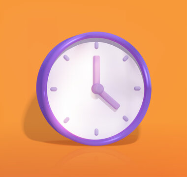 Translucent 3D purple clock, minimalist style, symbolizes time management. Circular time icon, business concept.