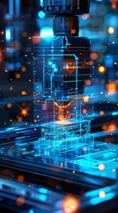 Fototapeta premium Factorys hologram emerging from a blueprint illustrating the merger of blue technology and manufacturing
