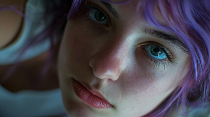 Zbliżenie na twarz kobiety o fioletowych włosach