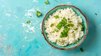 White rice bowl garnished with fresh parsley on a blue background.